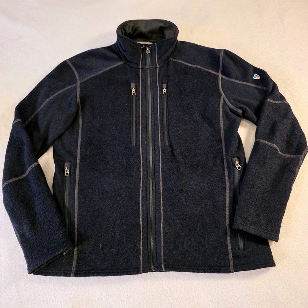 KUHL Revel Full Zip Fleece Jacket Mens XL Navy Blue ALFPACA Thumb Loops Hiking